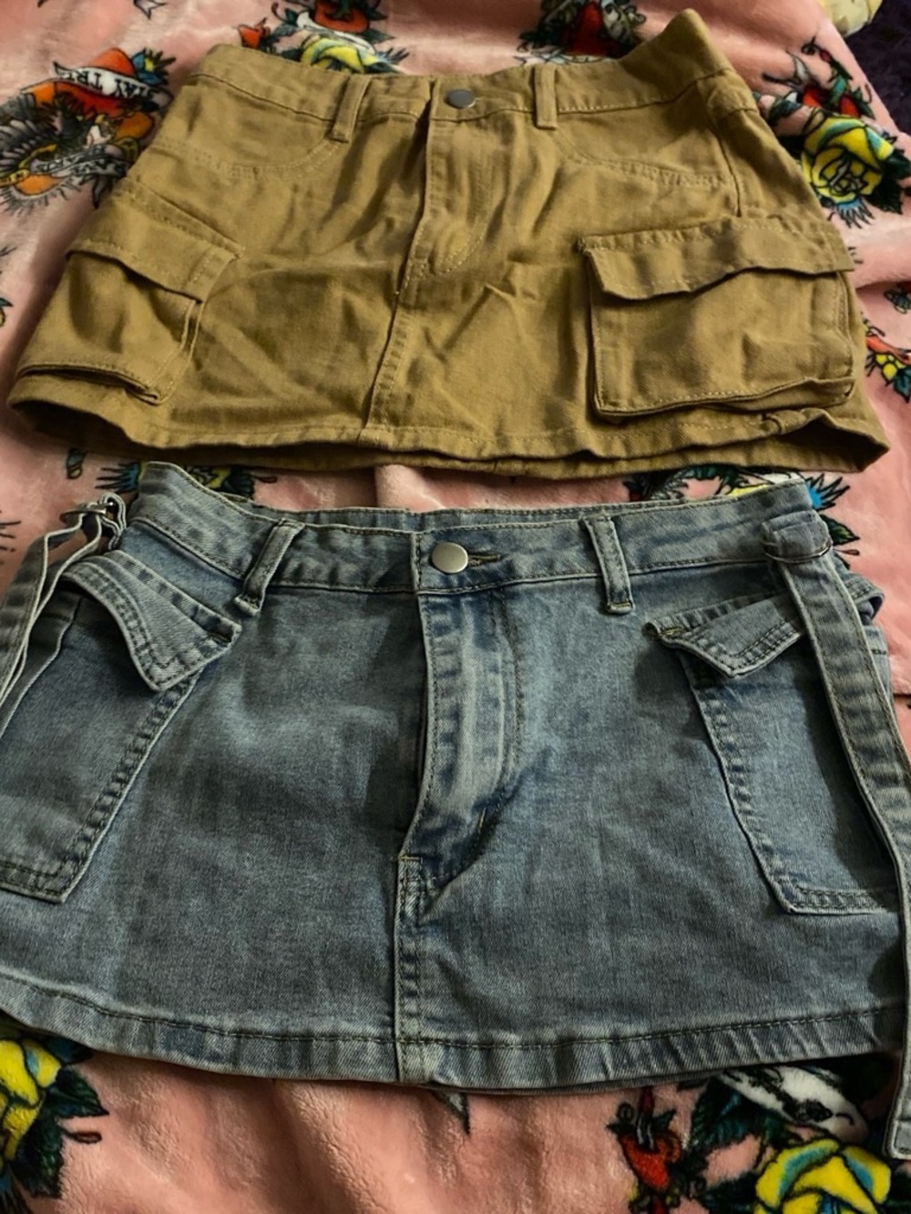 SHEIN Tan Cargo Mini Skirt & Washed Blue Denim Mini Skirt Set